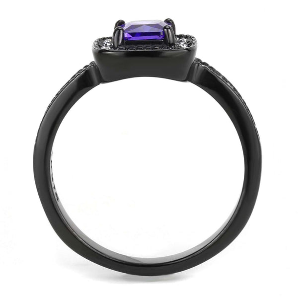 5x5mm Princess Cut Violet Amethyst CZ Black IP Stainless Steel Cocktail Ring - LA NY Jewelry