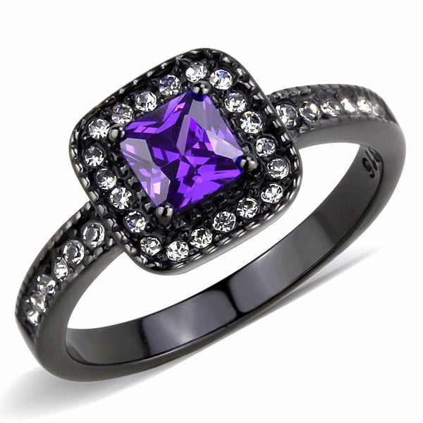 5x5mm Princess Cut Violet Amethyst CZ Black IP Stainless Steel Cocktail Ring - LA NY Jewelry