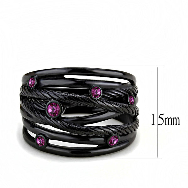 Top Grade Fuchsia Crystal Designer Black IP Stainless Steel Womens Wide Band - LA NY Jewelry