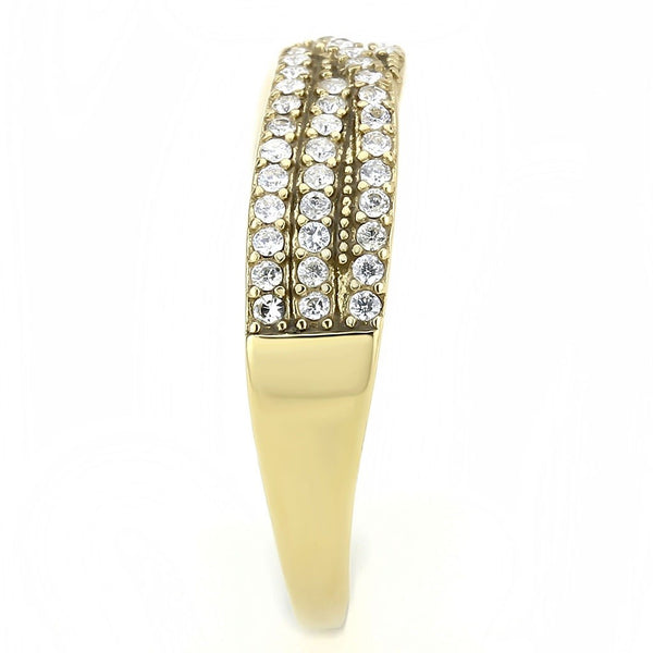 AAA Grade Clear CZ on Three Row Gold IP Stainless Steel Womens Eternity Pave Band