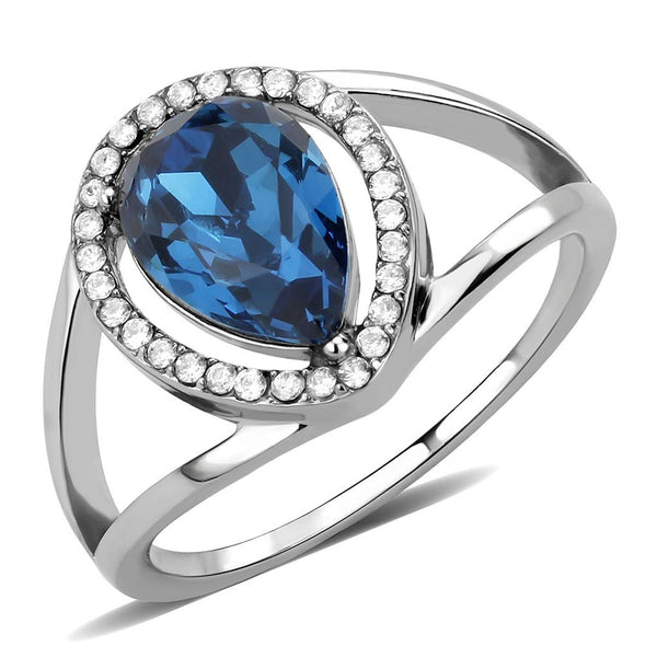 Montana Blue Pear Cut CZ on Pear Shape Stainless Steel Womens Wedding Thin Band