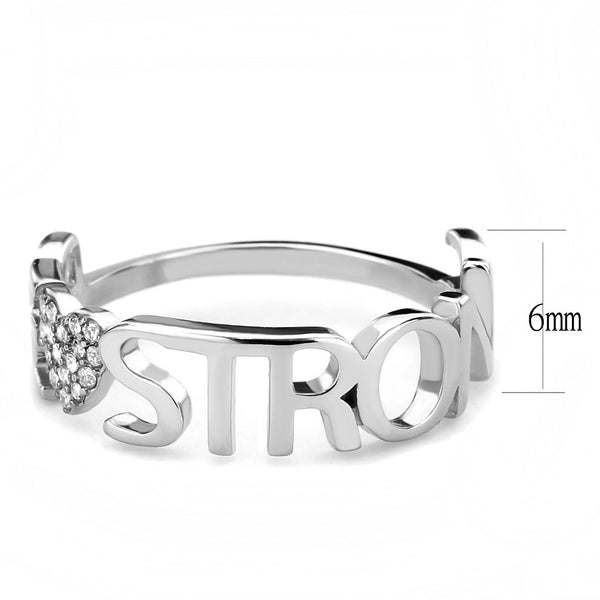 Herzförmiger Edelstahlring mit Zirkonia der Güteklasse AAA und dem Schriftzug „Be Strong“
