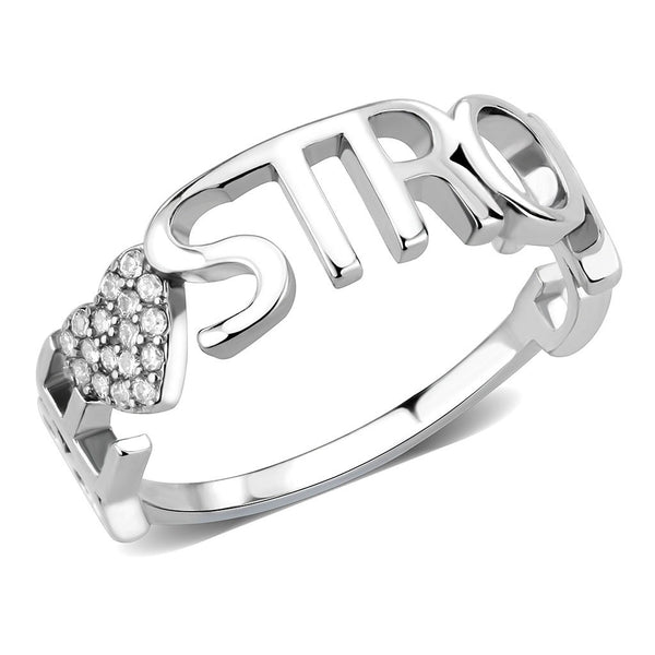 Herzförmiger Edelstahlring mit Zirkonia der Güteklasse AAA und dem Schriftzug „Be Strong“