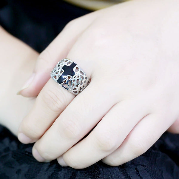Schwarzer christlicher Heiliger Kreuz Damen 316 Edelstahl breiter Band religiöser Ring