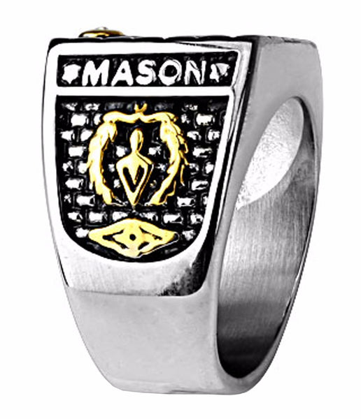 IP Gold And Burnish Steel 2-Tone Square Face Masonic Stainless Steel Casting Ring - LA NY Jewelry