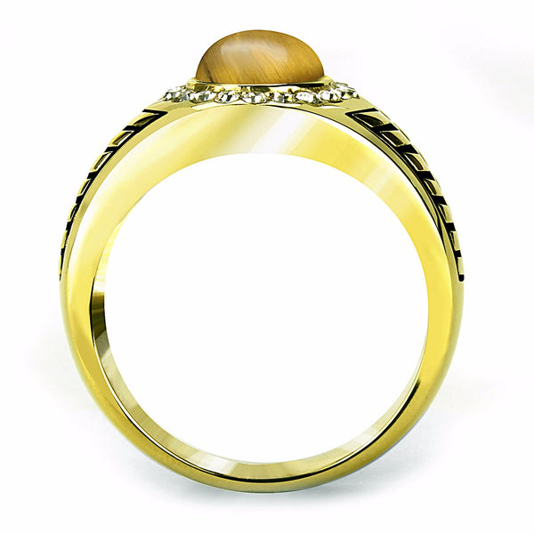 Tiger Eye Center with Top Crystal Set in Gold IP Stainless Steel Mens Ring - LA NY Jewelry