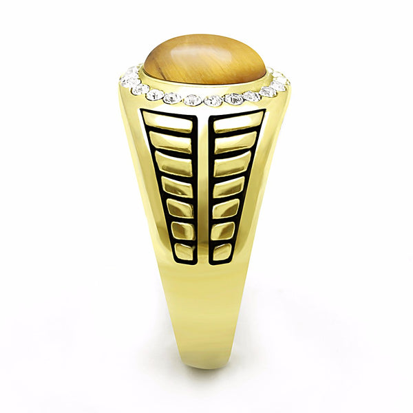 Tiger Eye Center with Top Crystal Set in Gold IP Stainless Steel Mens Ring - LA NY Jewelry