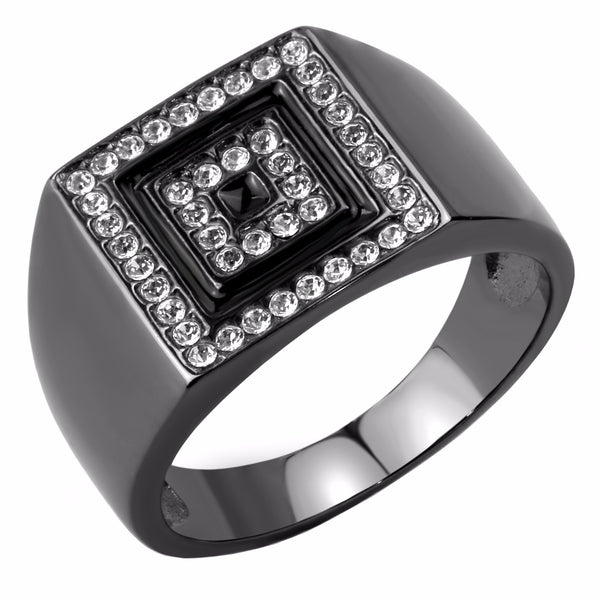 Top Grade Crystal Set Square in Square Light Black IP Stainless Steel Mens Ring - LA NY Jewelry