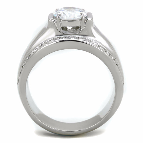8x8mm Round Cut Clear CZ Center Raised Small Side Stones Stainless Steel Ring - LA NY Jewelry