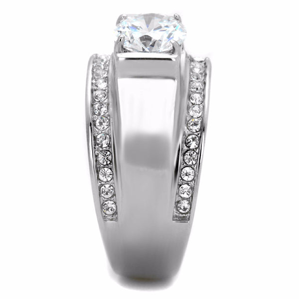 8x8mm Round Cut Clear CZ Center Raised Small Side Stones Stainless Steel Ring - LA NY Jewelry