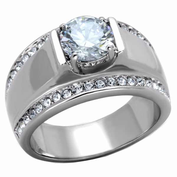8x8mm Round Cut Clear CZ Center Raised Small Side Stones Stainless Steel Ring - LA NY Jewelry