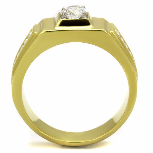 5x5mm Round Cut CZ Center Two Row Side Stones Gold IP Stainless Steel Mens Ring - LA NY Jewelry