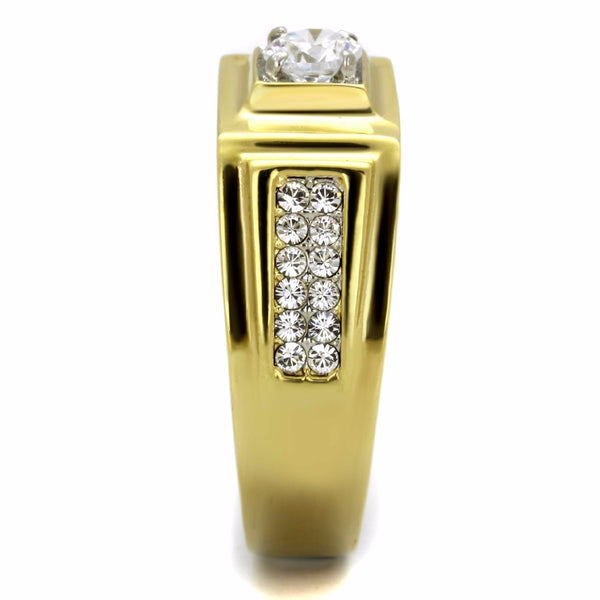 5x5mm Round Cut CZ Center Two Row Side Stones Gold IP Stainless Steel Mens Ring - LA NY Jewelry