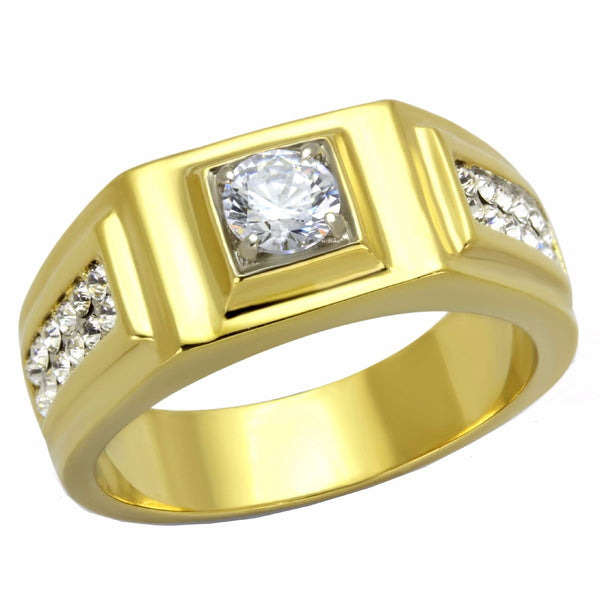 5x5mm Round Cut CZ Center Two Row Side Stones Gold IP Stainless Steel Mens Ring - LA NY Jewelry