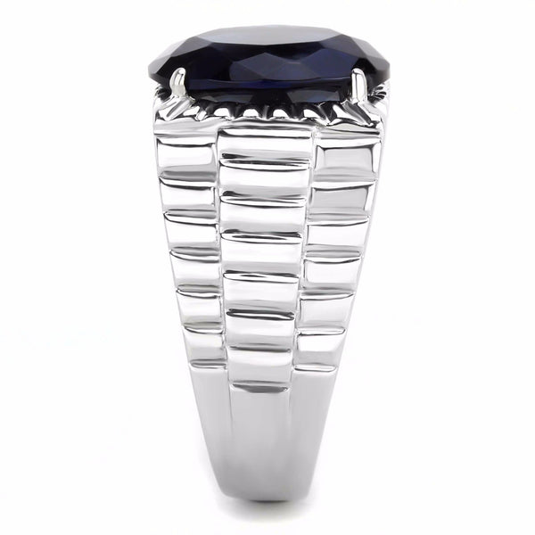 Big 16x12mm Oval Cut Deep Blue Sapphire CZ Solitaire Stainless Steel Mens Ring - LA NY Jewelry