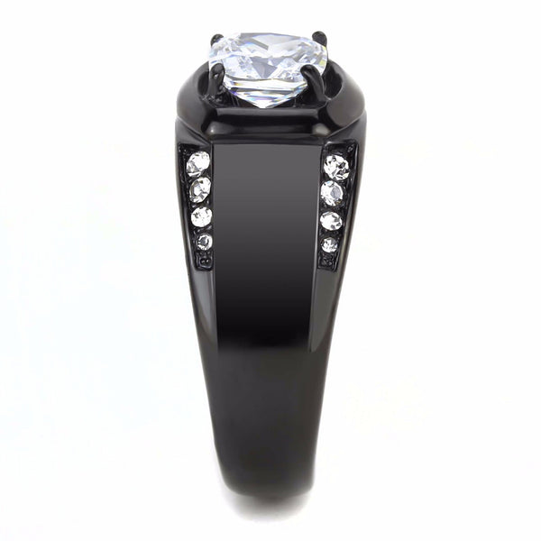 7x7mm Cushion Cut CZ Center Two Row Side Stone Black IP Stainless Steel Ring - LA NY Jewelry