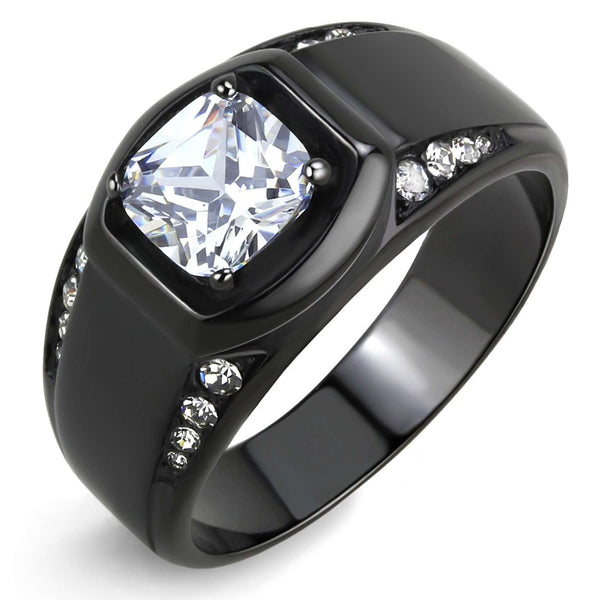 7x7mm Cushion Cut CZ Center Two Row Side Stone Black IP Stainless Steel Ring - LA NY Jewelry