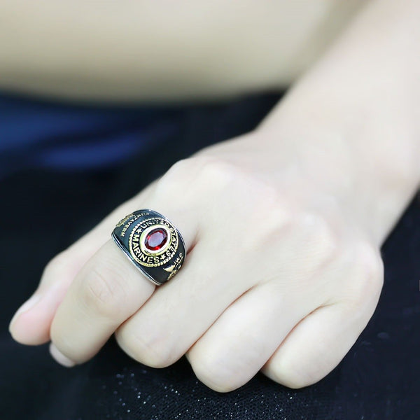 Women's 316 Stainless Steel Two Tone Gold Marine Military Ruby CZ Ring