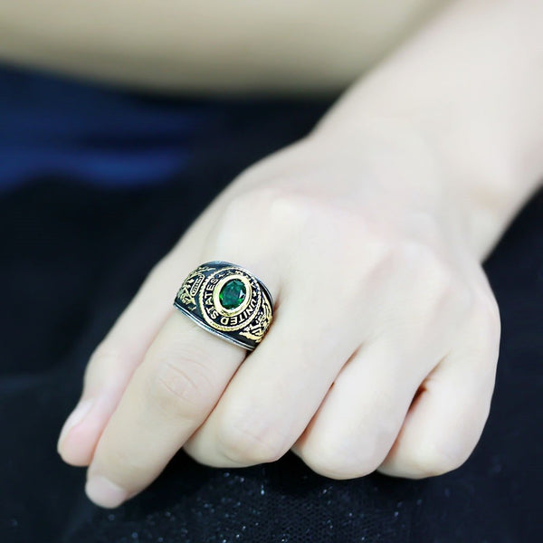 Women's 316 Stainless Steel Two Tone Gold Army Military Green CZ Ring