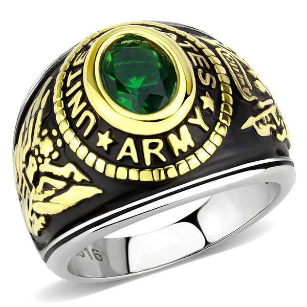 Women's 316 Stainless Steel Two Tone Gold Army Military Green CZ Ring