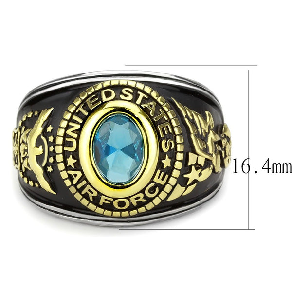Women's 316 Stainless Steel Two Tone Gold Air Force Military Blue Topaz CZ Ring