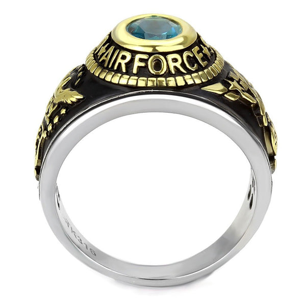 Women's 316 Stainless Steel Two Tone Gold Air Force Military Blue Topaz CZ Ring