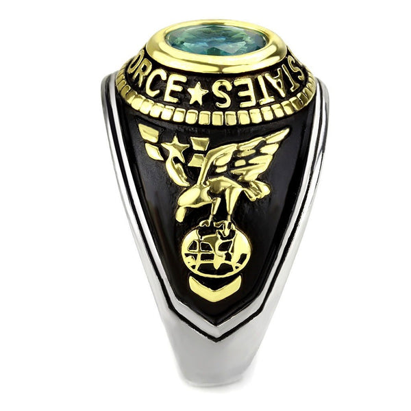 Women's 316 Stainless Steel Two Tone Gold Air Force Military Blue Topaz CZ Ring