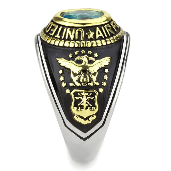 Women's 316 Stainless Steel Two Tone Gold Air Force Military Blue Topaz CZ Ring
