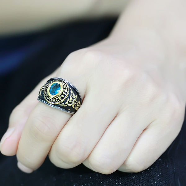 Women's 316 Stainless Steel Two Tone Gold Air Force Military Blue Topaz CZ Ring