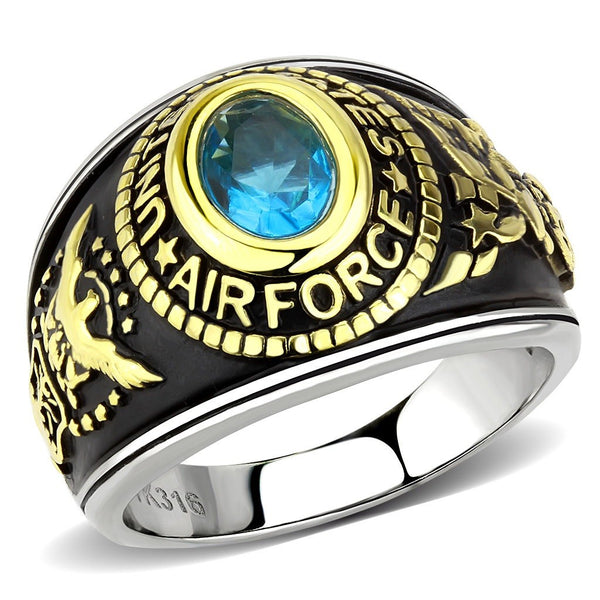 Women's 316 Stainless Steel Two Tone Gold Air Force Military Blue Topaz CZ Ring