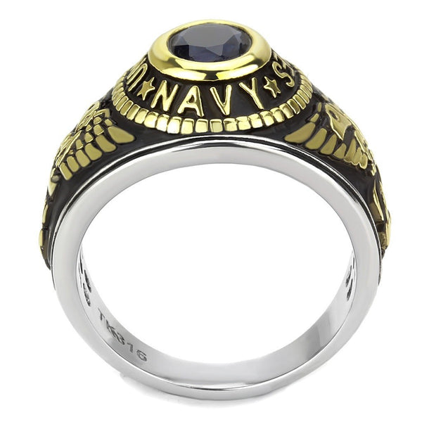 Women's 316 Stainless Steel Two Tone Gold Navy Military Deep Blue Sapphire CZ Ring