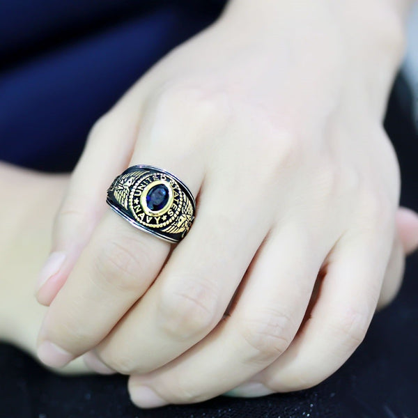 Women's 316 Stainless Steel Two Tone Gold Navy Military Deep Blue Sapphire CZ Ring