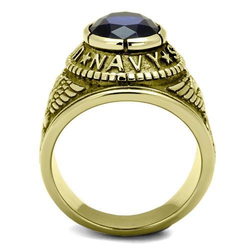 Breiter Herrenring aus goldenem IP-Edelstahl mit marineblauem Saphir und Zirkonia