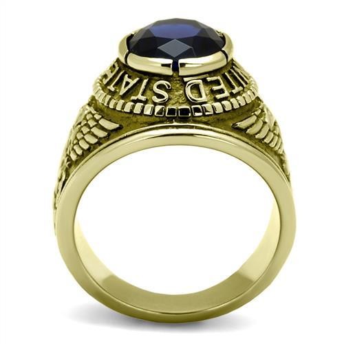 Men's Gold IP Stainless Steel Wide Band Navy Sapphire CZ Ring