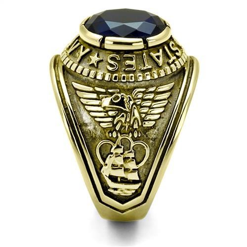 Breiter Herrenring aus goldenem IP-Edelstahl mit marineblauem Saphir und Zirkonia
