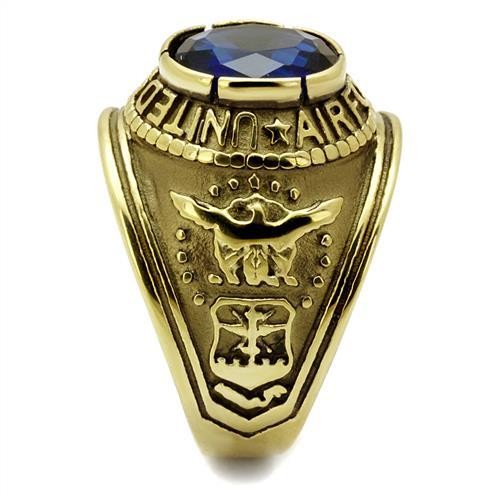 Men's Gold IP Stainless Steel Wide Band Air Force Sapphire CZ Ring