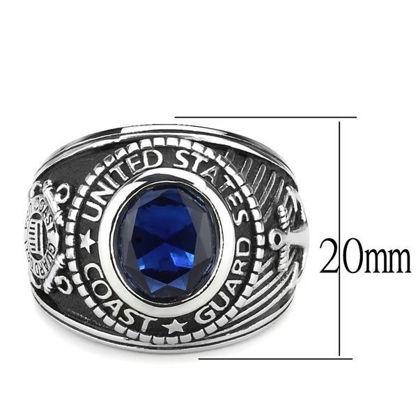 Men's 316 Stainless Steel Wide Band US Coast Guard Blue Sapphire CZ Ring