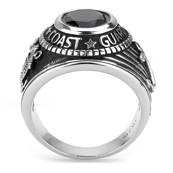 Men's 316 Stainless Steel Wide Band US Coast Guard Blue Sapphire CZ Ring