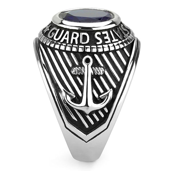 Men's 316 Stainless Steel Wide Band US Coast Guard Blue Sapphire CZ Ring
