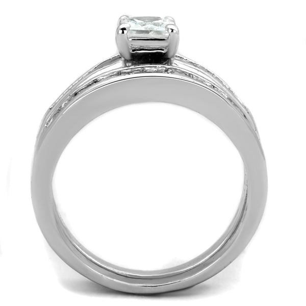 His Hers 3 Pcs Stainless Steel Princess Cut CZ Engagement Ring set Mens Flat Band - LA NY Jewelry