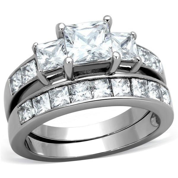 3 PCS Couple Womens Princess Cut CZ Wedding Ring set with Mens All Around CZ Band