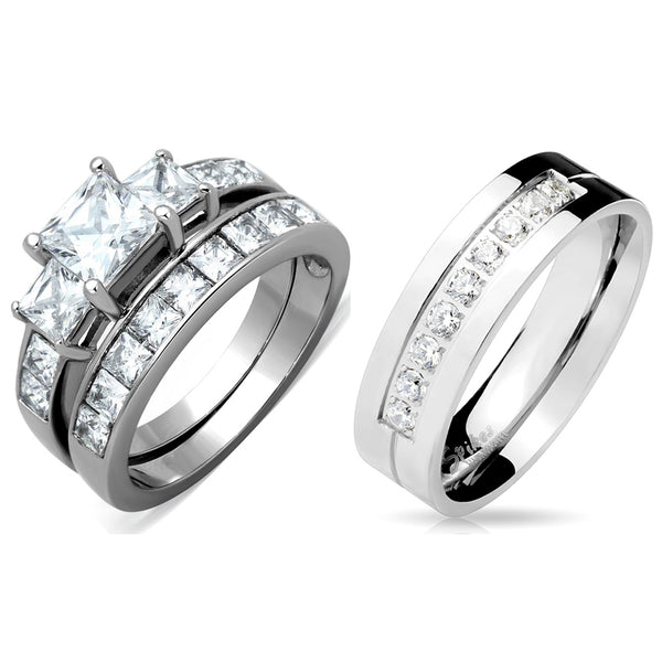 3 PCS Couples Ring Set Womens Princess Cut CZ Ring set with Mens 9 Round CZ Band