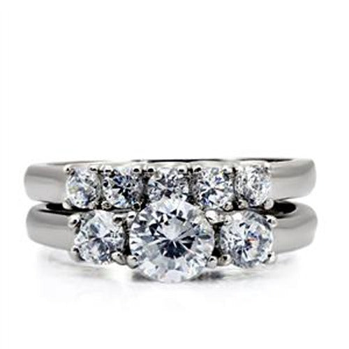 His Hers 3 PCS Stainless Steel 3-Stone CZ Wedding Ring Set Mens 9 Round CZ Band - LA NY Jewelry
