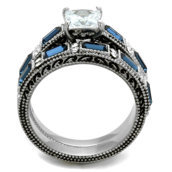 1 Carat Princess Cut CZ /Deep Blue CZ Stainless Steel Engagement Ring Set - LA NY Jewelry