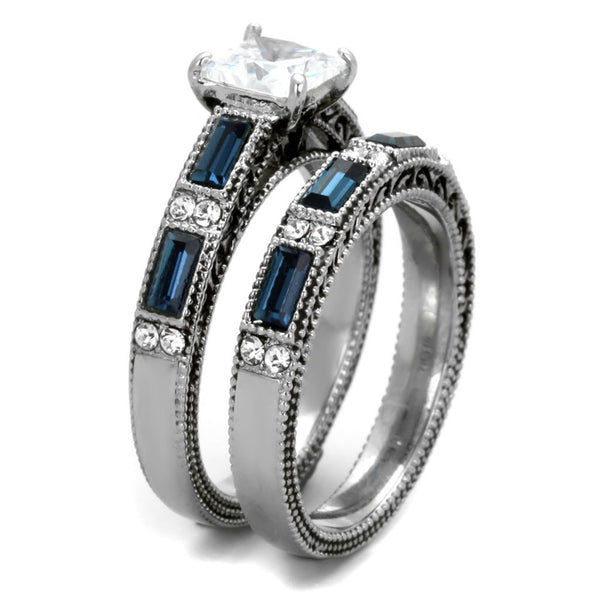 His Hers 3 PCS Stainless Steel Clear Princess CZ Deep Blue CZ Wedding Ring set Mens Dome Band