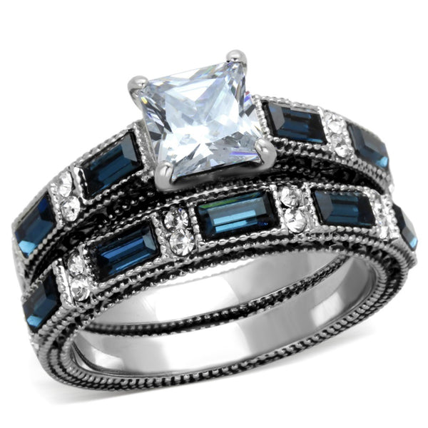 His Hers 3 PCS Stainless Steel Clear Princess CZ Deep Blue CZ Wedding Ring set Mens Dome Band