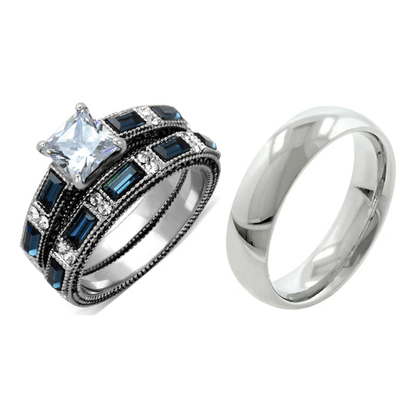 His Hers 3 PCS Stainless Steel Clear Princess CZ Deep Blue CZ Wedding Ring set Mens Dome Band
