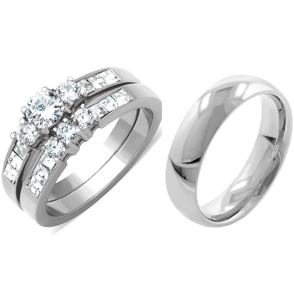 3-teiliges Ehering-Set aus silbernem Edelstahl mit kleinem Rundschliff und Zirkonia und Herrenring
