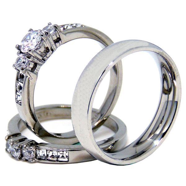 3-teiliges Ehering-Set aus silbernem Edelstahl mit kleinem Rundschliff und Zirkonia und Herrenring