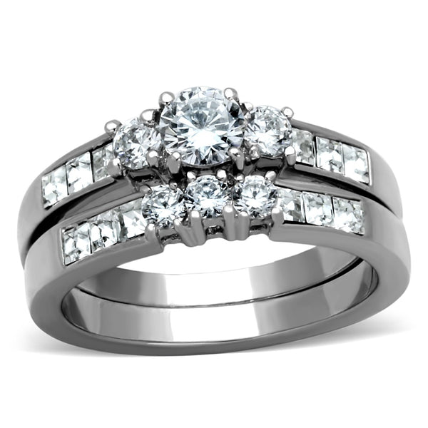His Hers 3 Pcs Stainless Steel Small Round Cut CZ Wedding Ring set and Mens Band - LA NY Jewelry